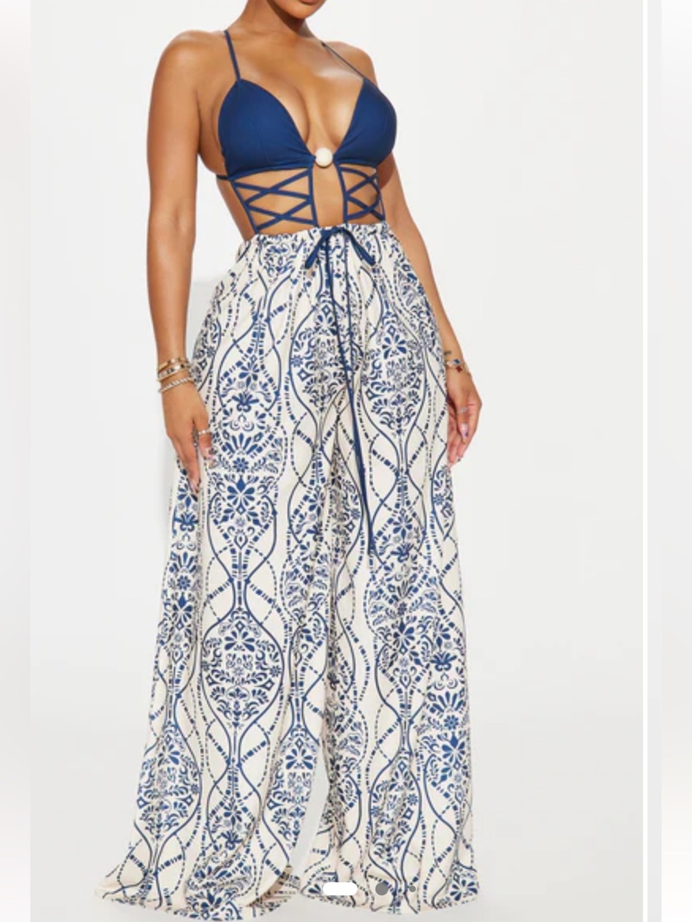 Fashion Nova Cream and Navy Printed Jumpsuit
